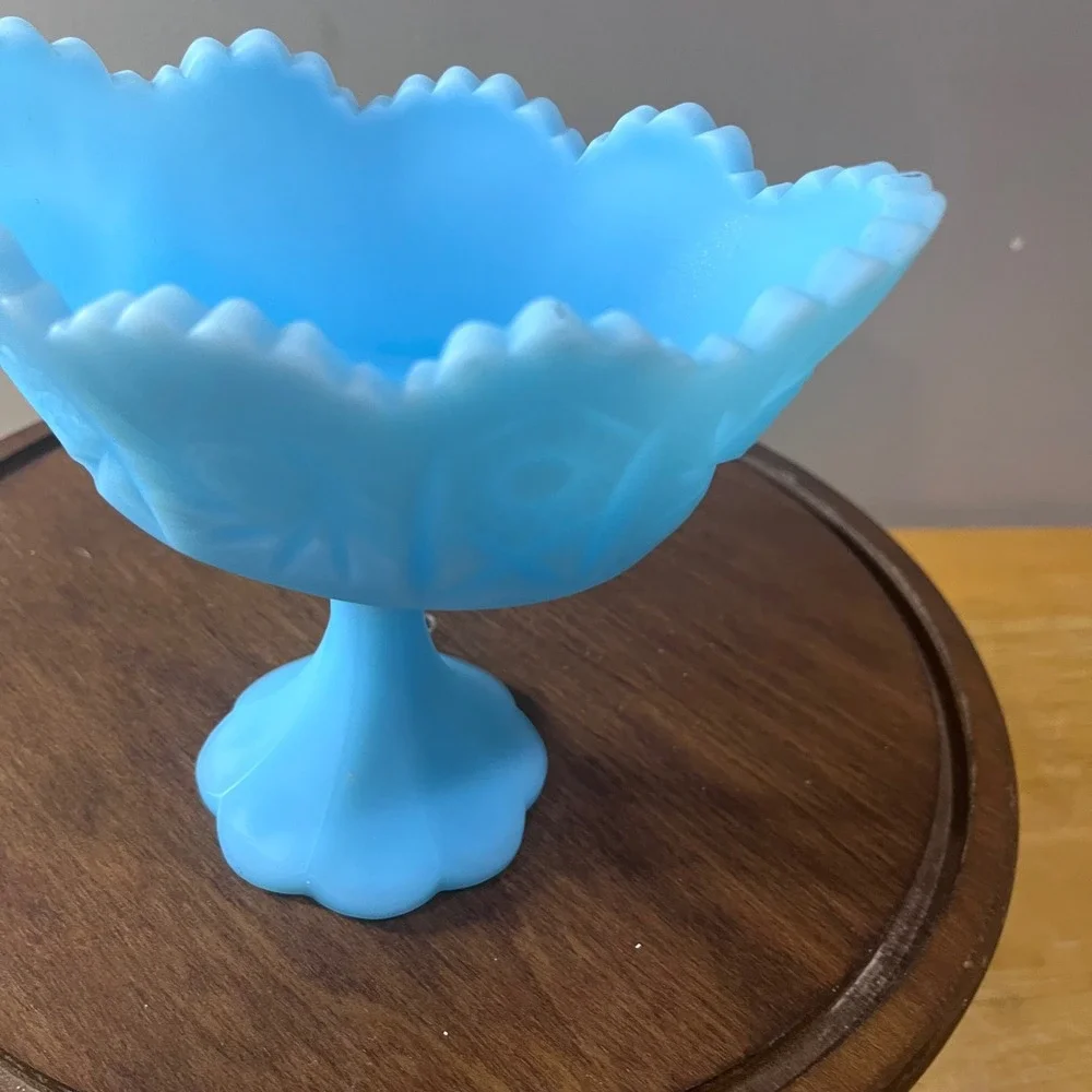 Vtg Fenton Blue Milk Glass Compote Pedestal Dish Scalloped 5.5